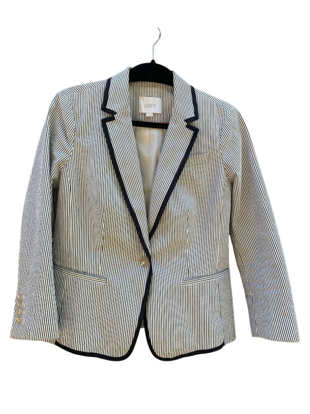 Ann Taylor Loft Black & White Seersucker Blazer w/ Black Trim Womens Size 8
